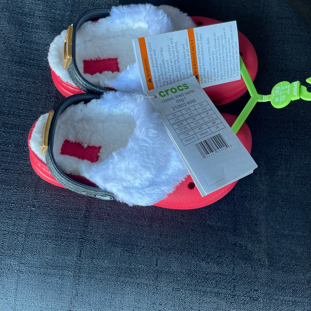 CROCS Kids Red and White Fuzzy Slippers - Picture 2 of 3